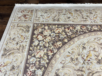 Aubusson Rug 10x14, Wool & Silk Highlights Hand Knotted Vintage Carpet, Birds Flowers, Fine Details, Elegant - Nuvé