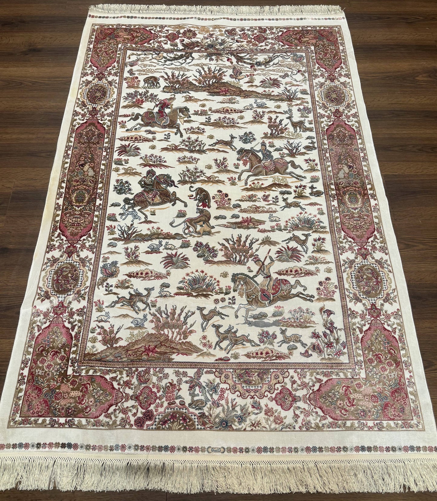Turkish Silk Hunting Scene Rug 4x6, Ivory, Bamboo Silk, New - Nuvé