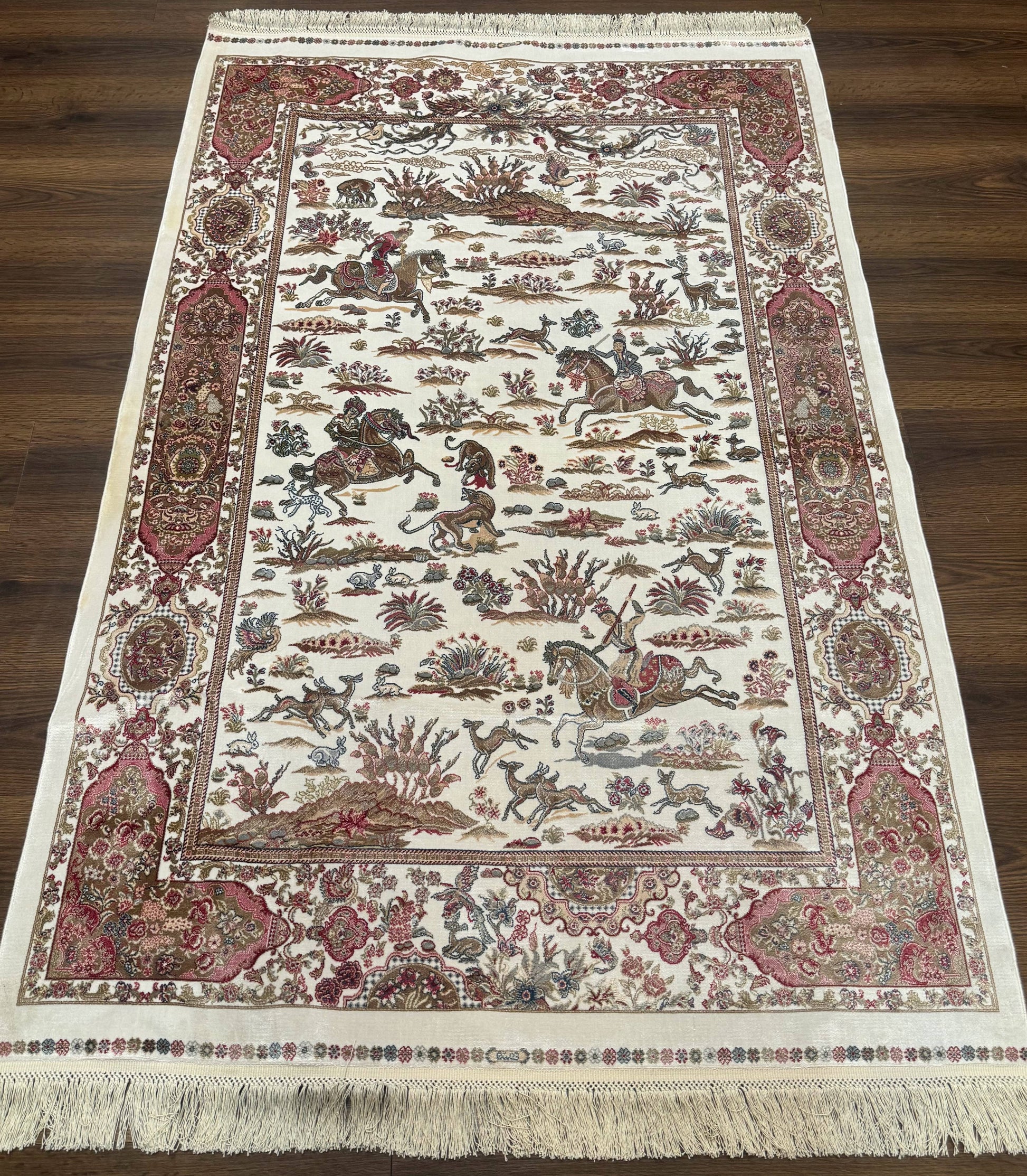 Turkish Silk Hunting Scene Rug 4x6, Ivory, Bamboo Silk, New - Nuvé