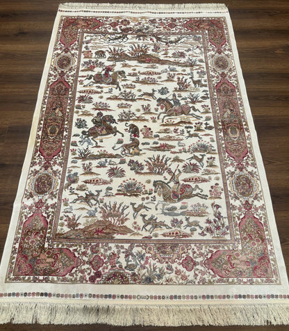 Turkish Silk Hunting Scene Rug 4x6, Ivory, Bamboo Silk, New - Nuvé