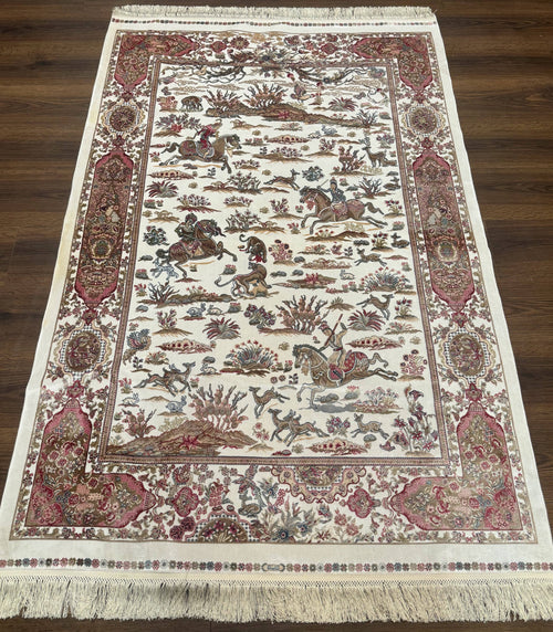 Turkish Silk Hunting Scene Rug 4x6, Ivory, Bamboo Silk, New - Nuvé