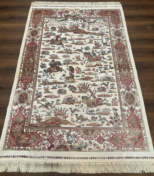 Turkish Silk Hunting Scene Rug 4x6, Ivory, Bamboo Silk, New - Nuvé