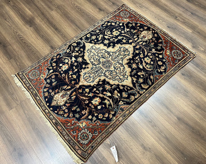 Antique Persian Rug 3.5 x 5, Sarouk Farahan Rug, High Quality 1920s Fine Oriental Carpet 3 x 5 ft, Large Medallion, Floral, Navy Blue Red, Hand Knotted Wool Rug