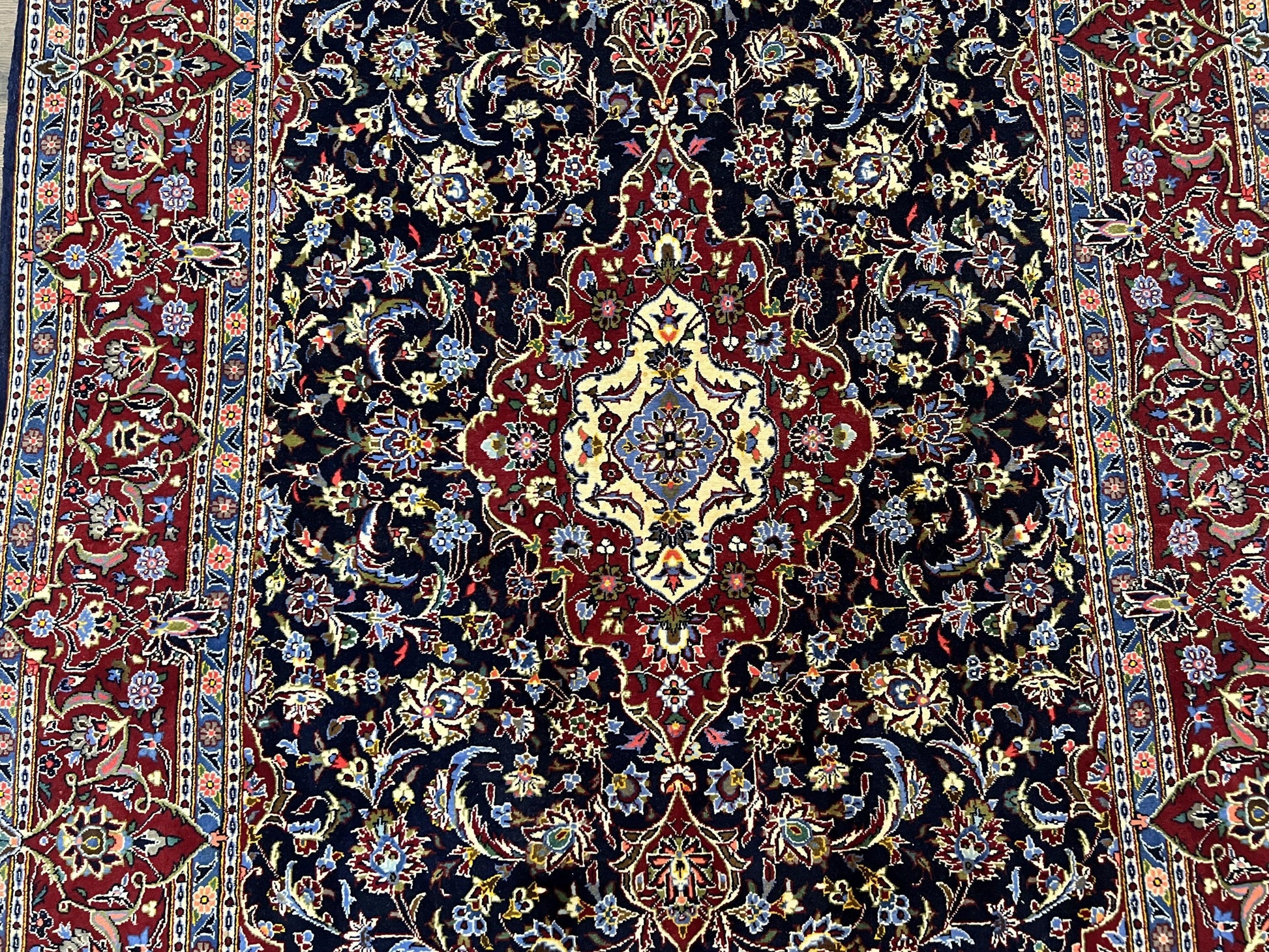 Dark Blue Persian Rug 5x8, Kork Wool Semi Antique Kashan Carpet, Very Fine Lachak Toranj Rug, Hand Knotted Floral Medallion Rug, 5 x 8 Oriental Rug - Nuvé
