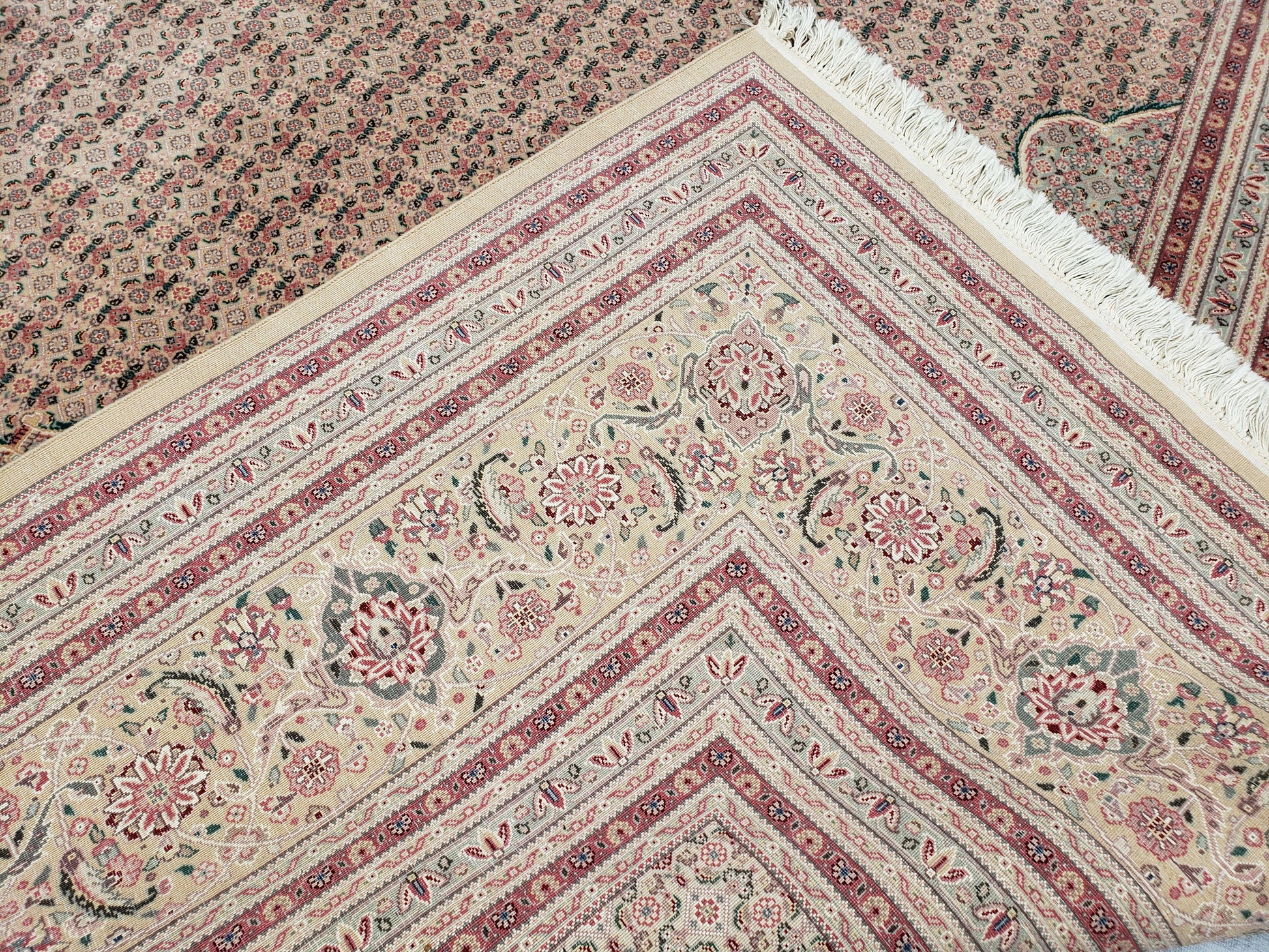 Stunning Oversized Sino Persian Oriental Rug 12x15, Hand Knotted Wool & Silk Palace Sized Carpet, Mahi Pattern, Very Fine, Peach Beige, Wow - Nuvé