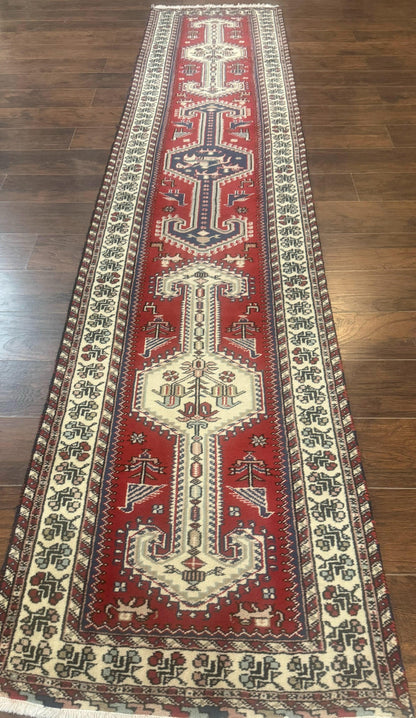 Indo Persian Runner Rug 2.6 x 12, Heriz Geometric Caucasian Design, Animal Pictorials, Tribal Runner Rug, Vintage Handmade Wool Red - Nuvé
