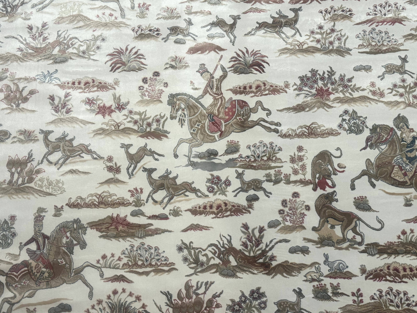 Large Turkish Silk Rug 8x10, Ivory, Hunting Design, Bamboo Silk, New - Nuvé