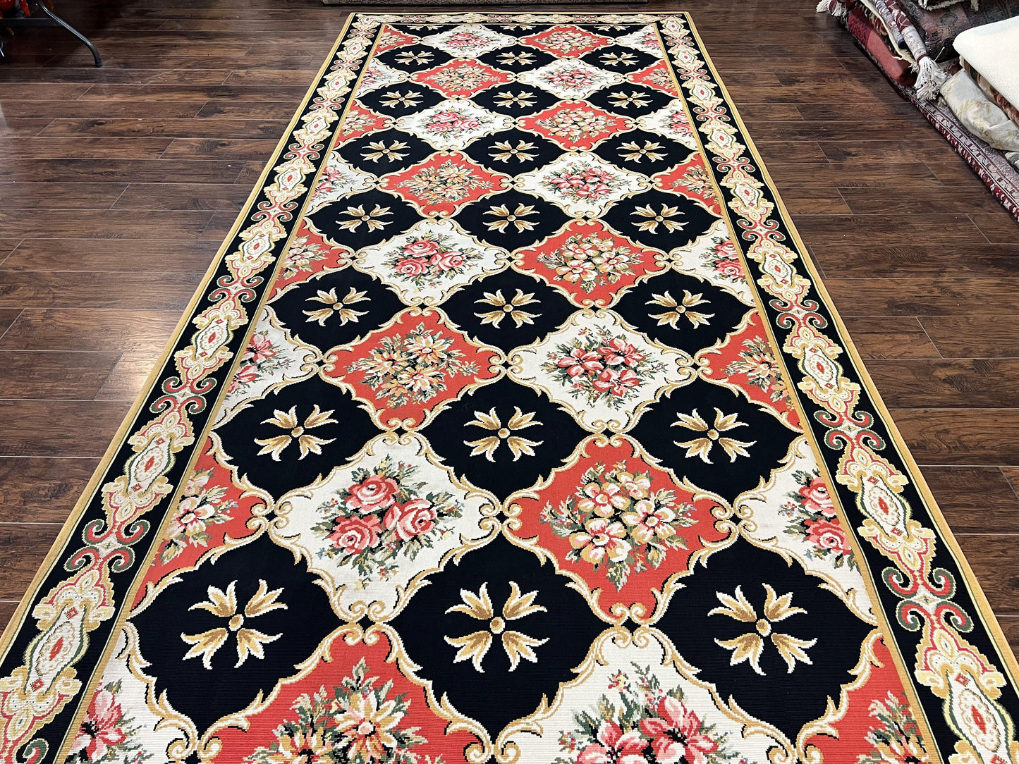 Wide Runner Rug 6x17 ft, Custom Made Vintage Stark Carpet 6 x 17 ft, Red Black Ivory, Corridor Hallway Rug, European Panel Design, Floral - Nuvé