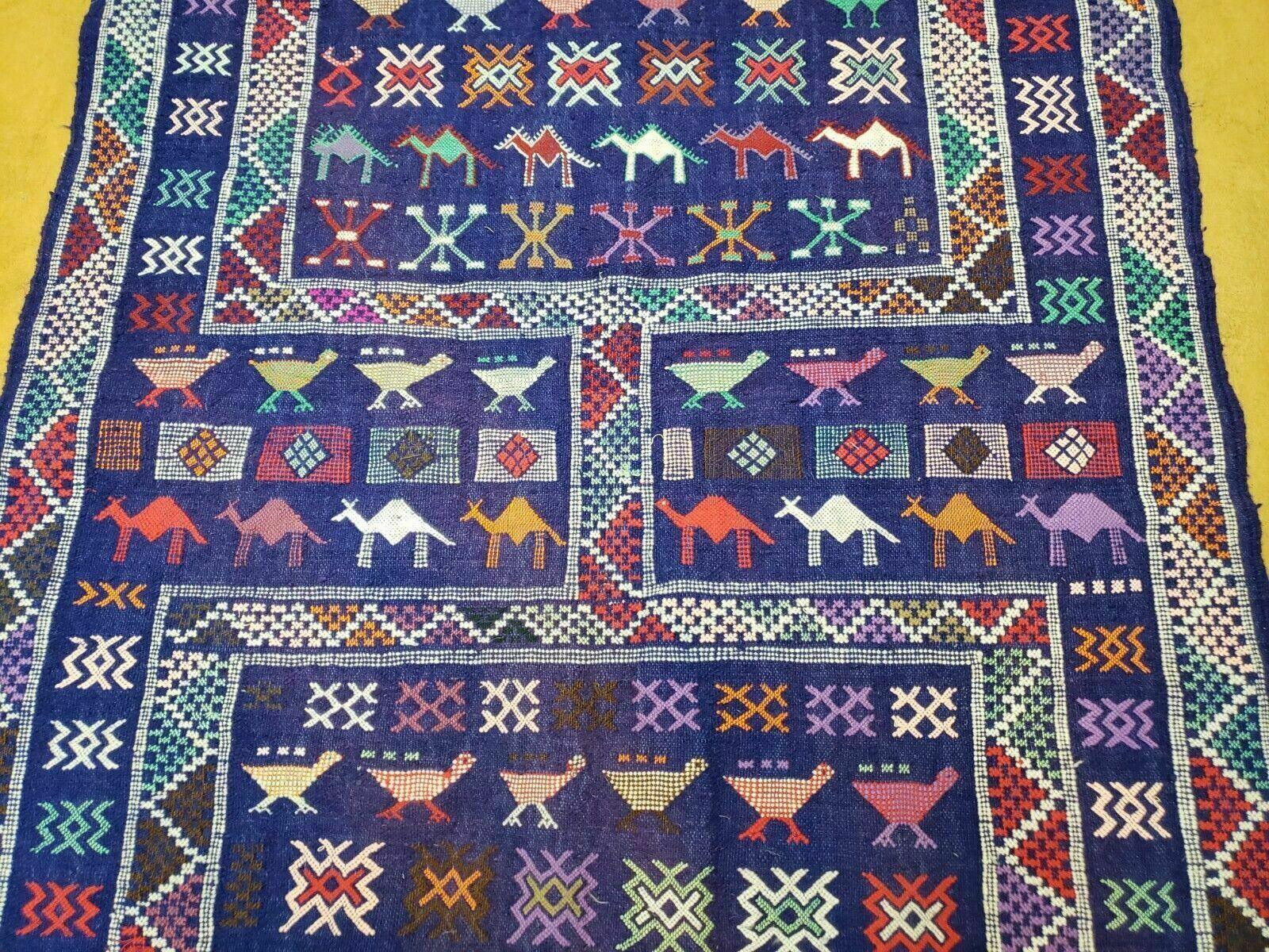 3' X 7' Vintage Handmade Indian Wool Kilim Flat weave Rug Camel Birds Blue Geometric Short Runner - Nuvé
