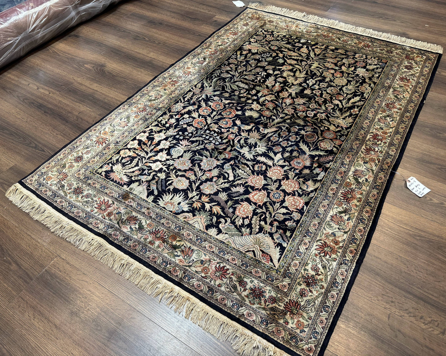 Silk Rug 4x6, Black and Cream, Floral & Bird Pictorials, Fine 330 KPSI, Sino Persian Rug - Nuvé