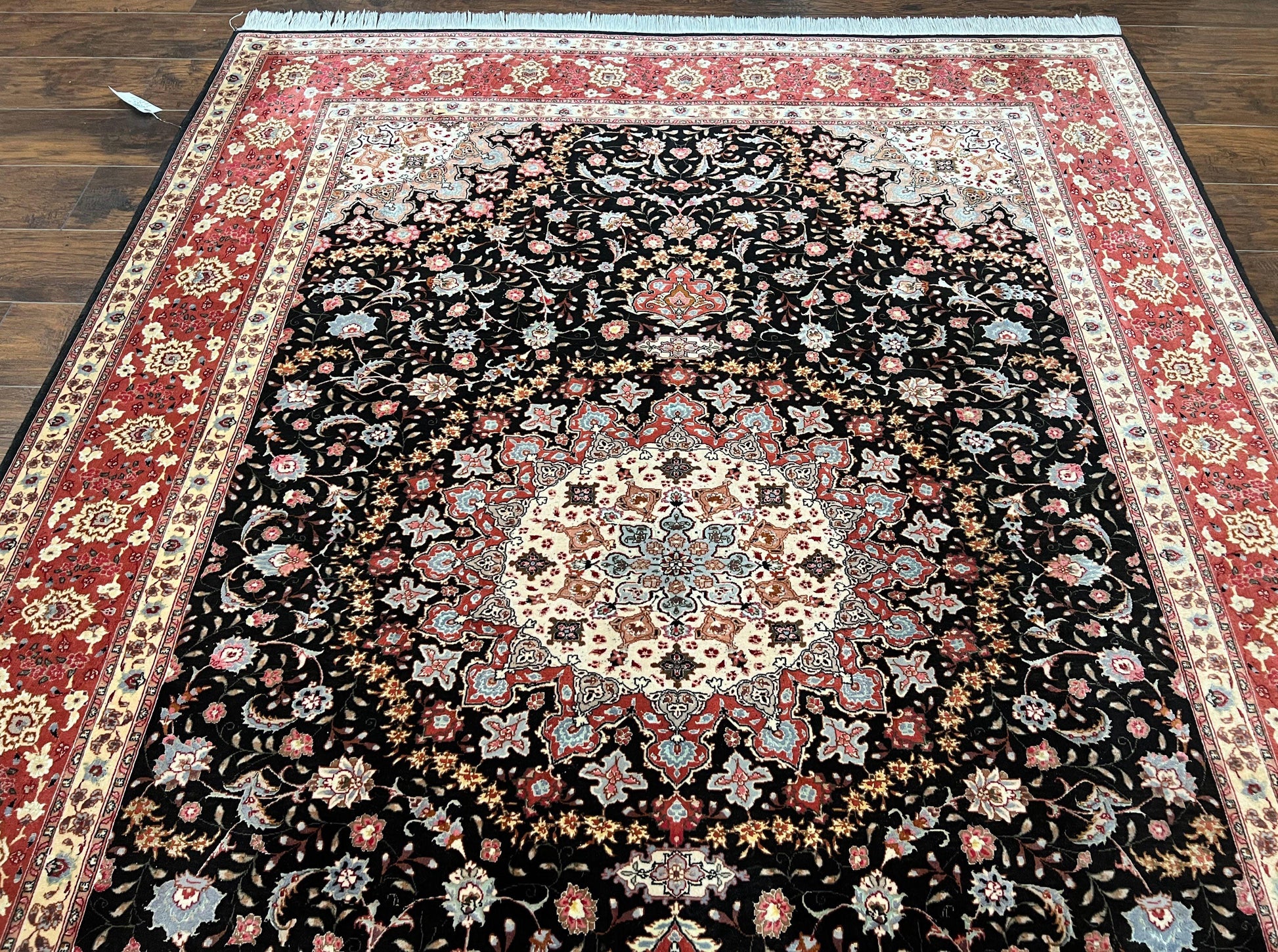 Marvelous Persian Tabriz Rug 7x10 ft, Super Fine 50 Raj, 300+ KPSI, Black and Rust Red, Floral Medallion Handmade Wool Oriental Carpet, Top Quality - Nuvé