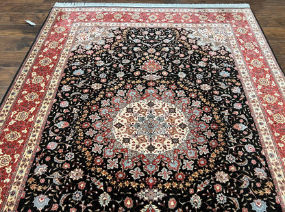 Marvelous Persian Tabriz Rug 7x10 ft, Super Fine 50 Raj, 300+ KPSI, Black and Rust Red, Floral Medallion Handmade Wool Oriental Carpet, Top Quality - Nuvé