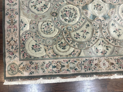 Pak Persian Rug 9x12, Wool with Silk Highlights, European Design, Floral, Green