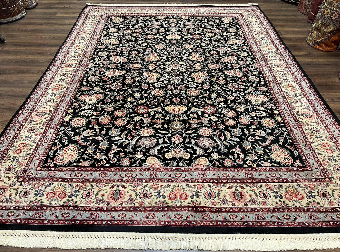 Pak Persian Rug 9x12, Floral Allover, Hand Knotted Oriental Carpet 9 x 12 ft, Black and Cream, Detailed, Wool with Silk Highlights, Vintage - Nuvé