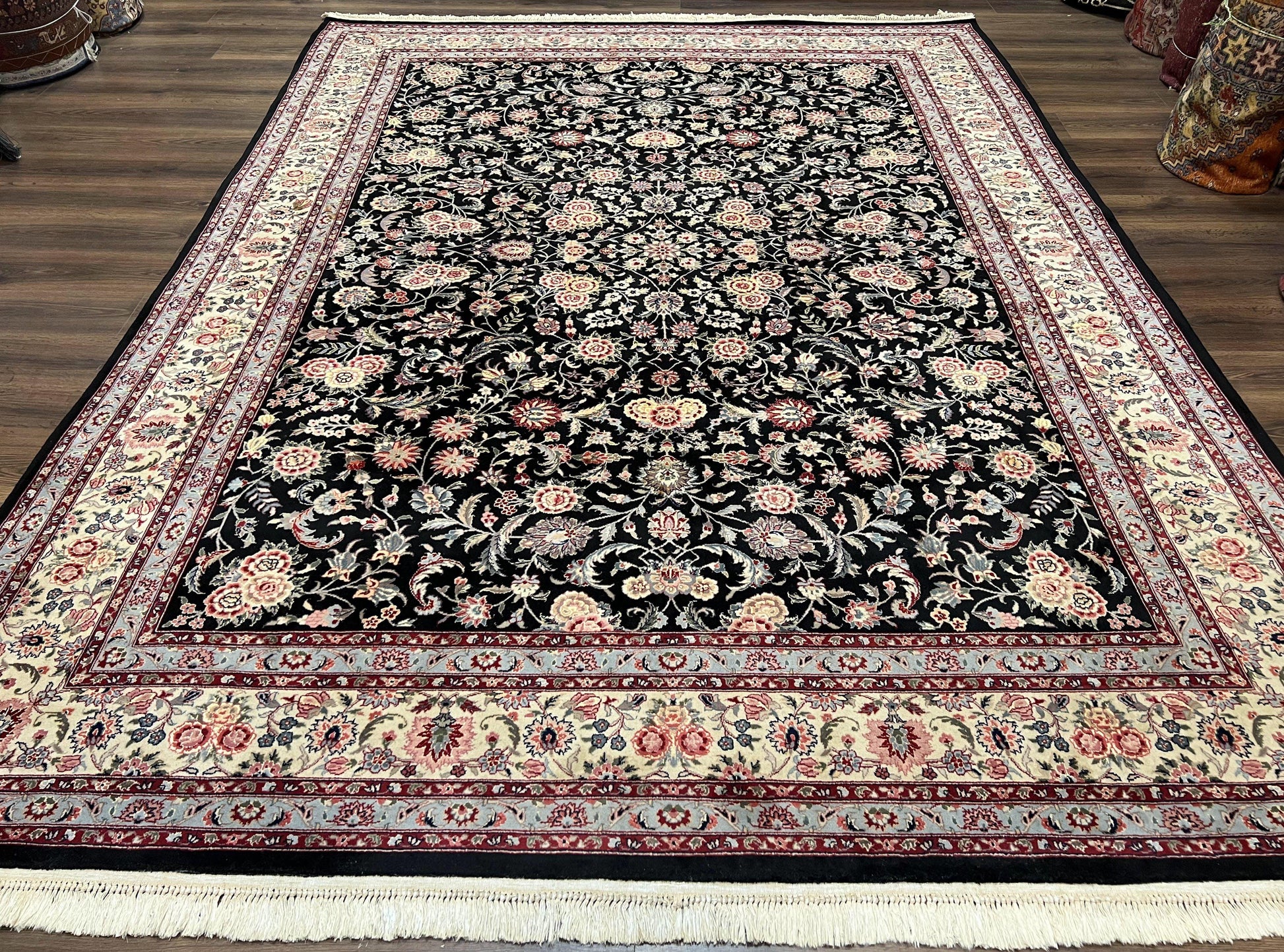 Pak Persian Rug 9x12, Floral Allover, Hand Knotted Oriental Carpet 9 x 12 ft, Black and Cream, Detailed, Wool with Silk Highlights, Vintage - Nuvé