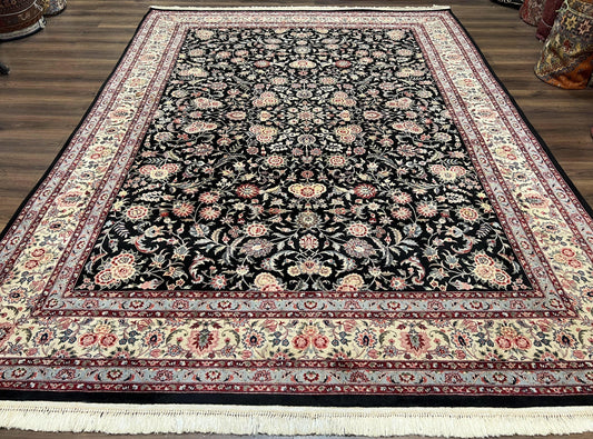 Pak Persian Rug 9x12, Floral Allover, Hand Knotted Oriental Carpet 9 x 12 ft, Black and Cream, Detailed, Wool with Silk Highlights, Vintage - Nuvé