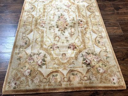 Chinese Aubusson Rug 3.6 x 5, Beige and Gold, Handmade Vintage Elegant European Design Carpet, Plush Wool, Handmade - Nuvé