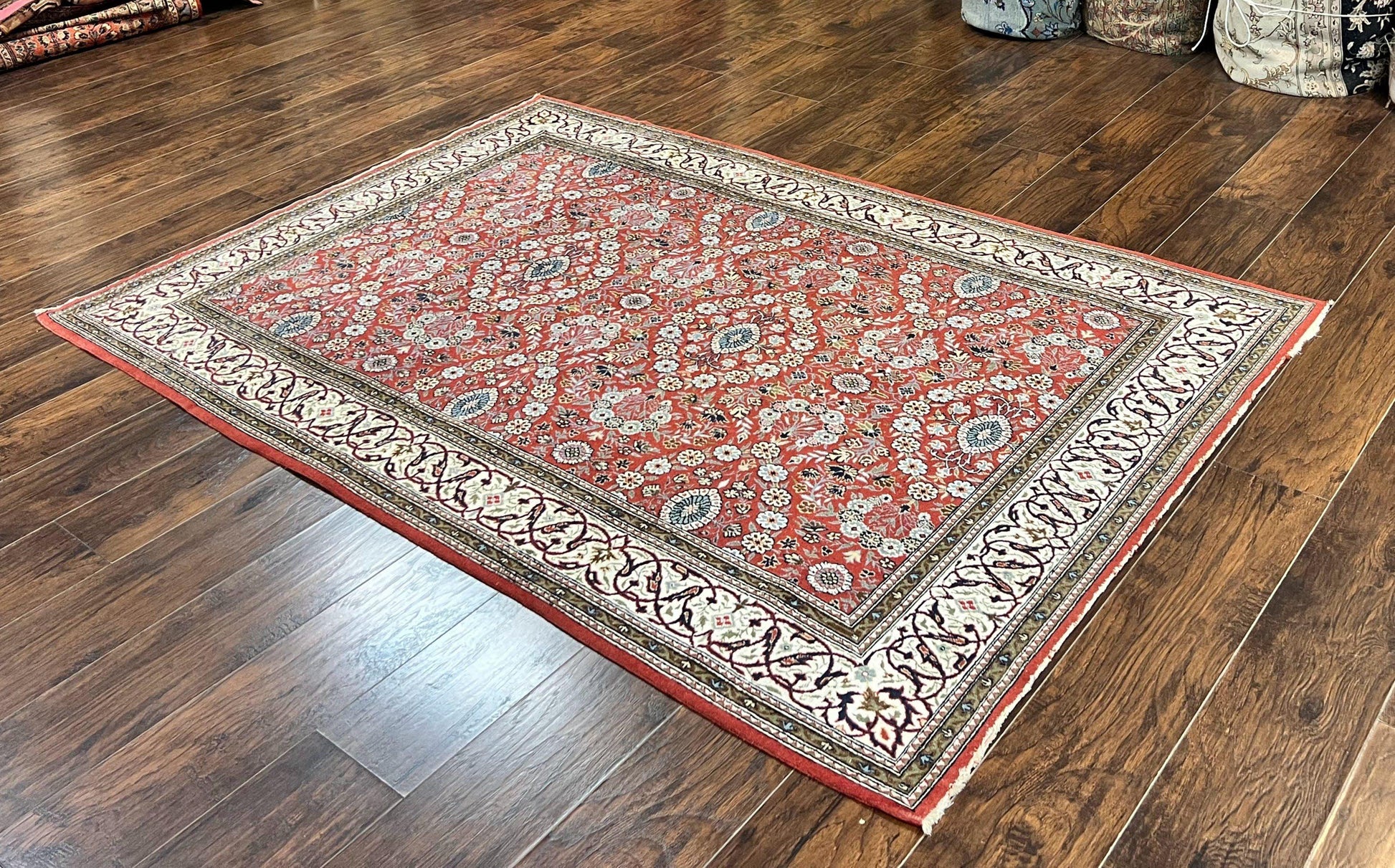 Red Persian Qum Rug 5 x 7.6, Hand Knotted Vintage Wool Fine Carpet 270 KPSI, Floral Allover - Nuvé