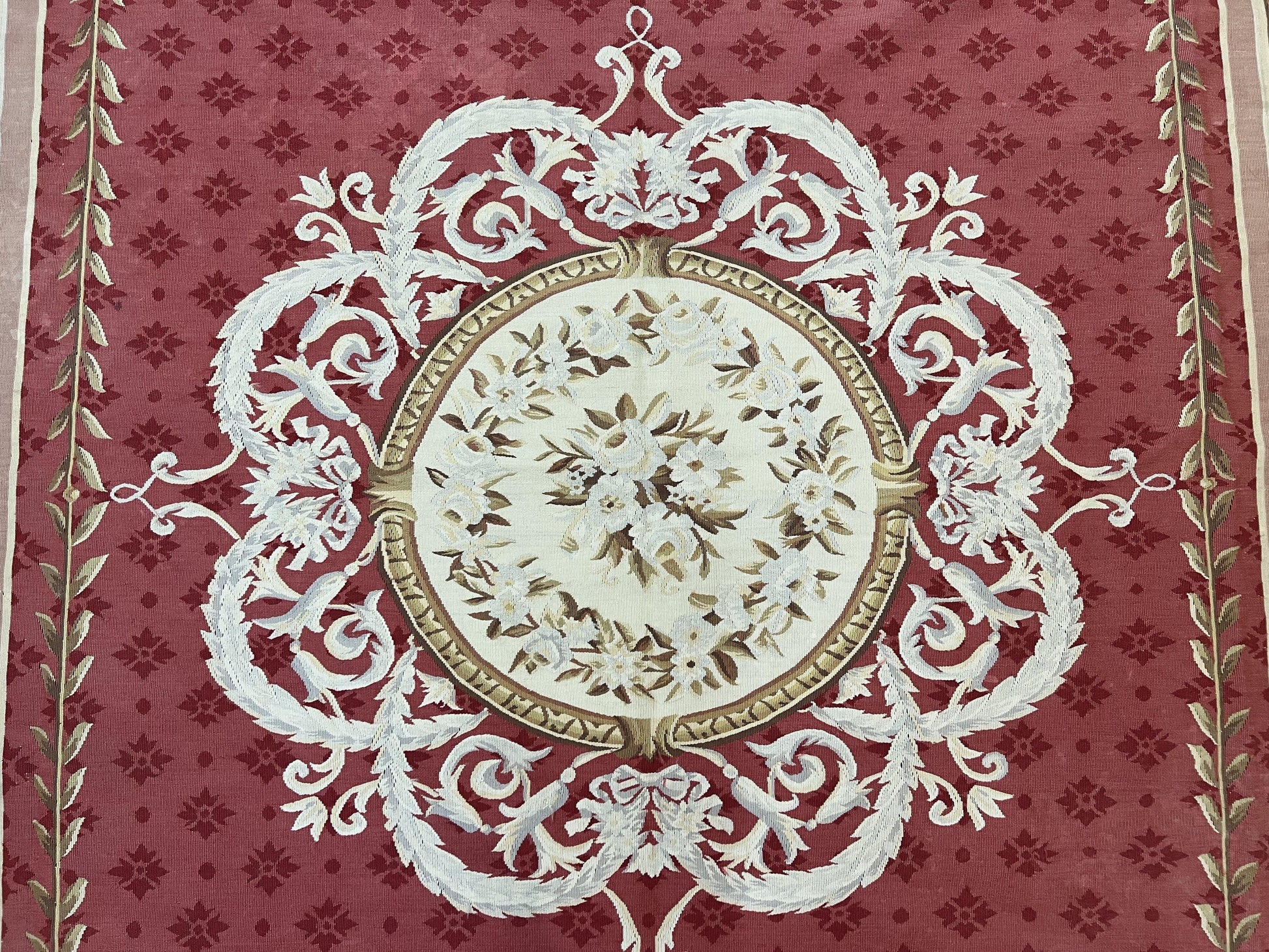 Aubusson Rug 9x12 ft, Red and Ivory Elegant Aubusson Carpet, Flatweave, Vintage Wool Handmade Area Rug 9 x 12, French European Design - Nuvé