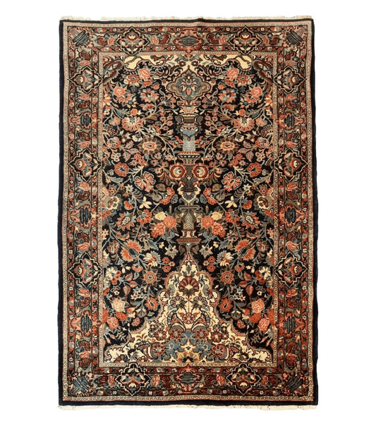 Persian Saoruk Rug 4x5, Navy Blue and Red, Floral, Antique Persian Wool Carpet, Handmade