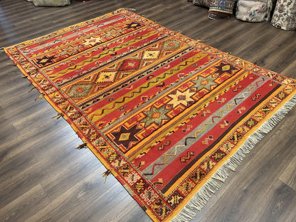 Unique Moroccan Rug 7x10, Room Sized Carpet, Red Orange Gray, Wool Oriental Striped Geometric Tribal Boho Rug, Flatweave with Raised Pile - Nuvé