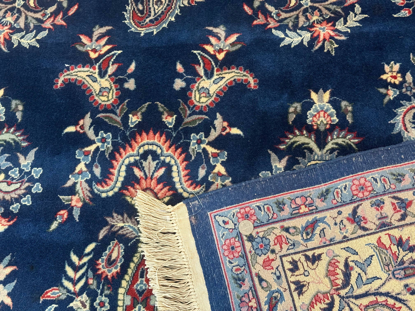 Sino Persian Kerman Rug 10x14, Blue and Beige, Floral Medallion, Fine 240 KPSI - Nuvé