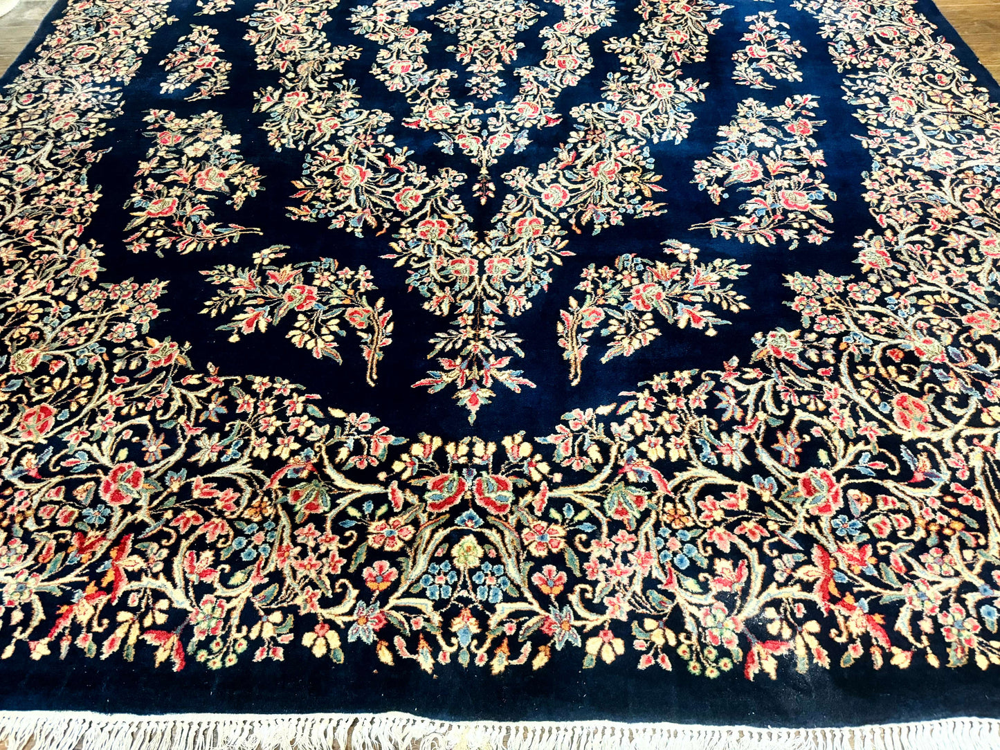 Antique Persian Kerman Rug 10x13, Navy Blue Floral Carpet, Fine 270 KPSI - Nuvé
