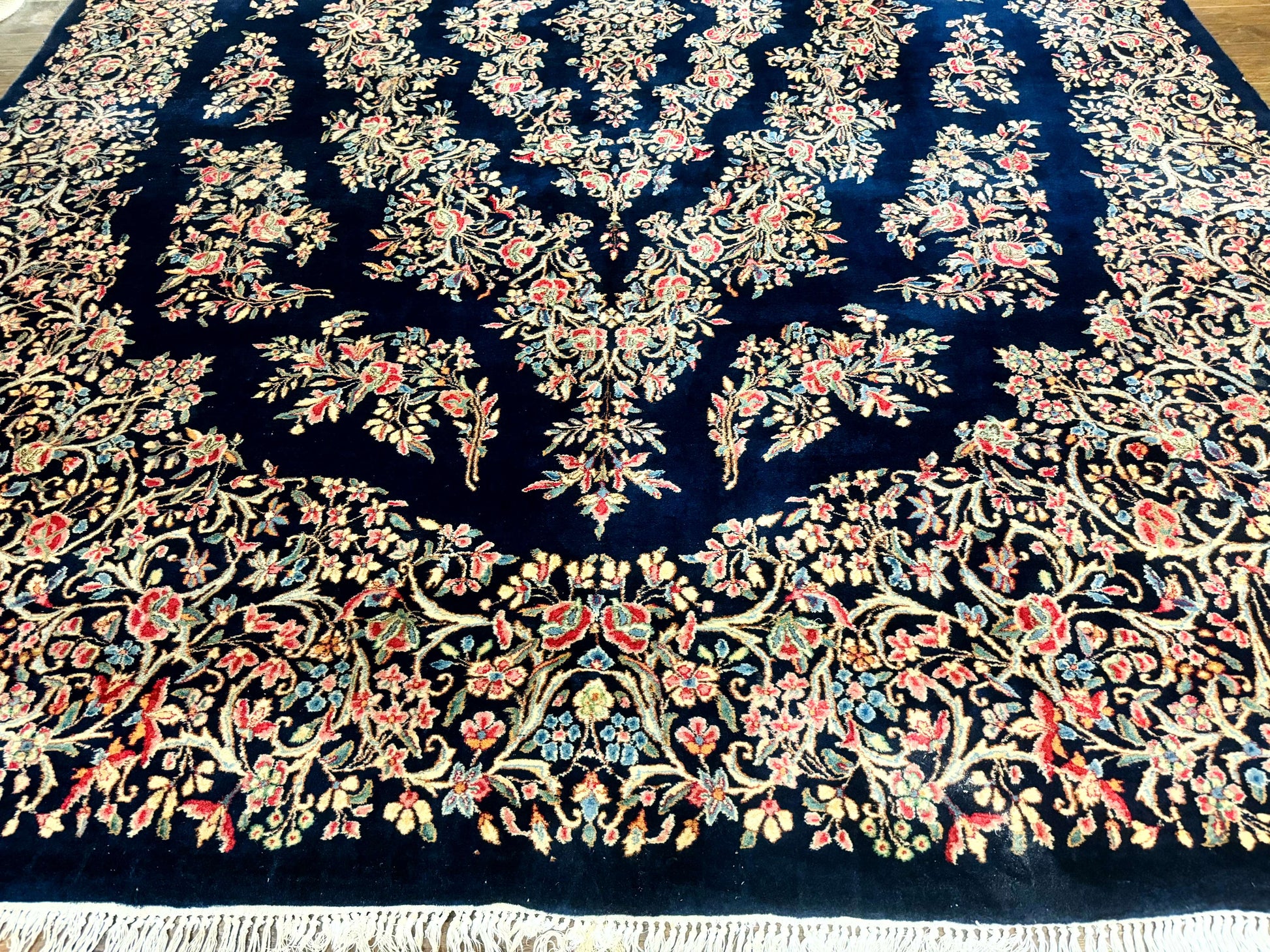 Antique Persian Kerman Rug 10x13, Navy Blue Floral Carpet, Fine 270 KPSI - Nuvé
