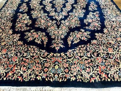 Antique Persian Kerman Rug 10x13, Navy Blue Floral Carpet, Fine 270 KPSI - Nuvé