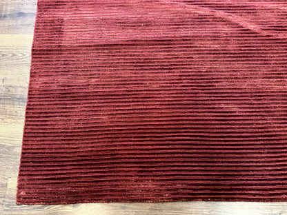 Modern Tibetan Rug 8x10, Red, Stripes, Handmade Wool Thick Pile Carpet - Nuvé