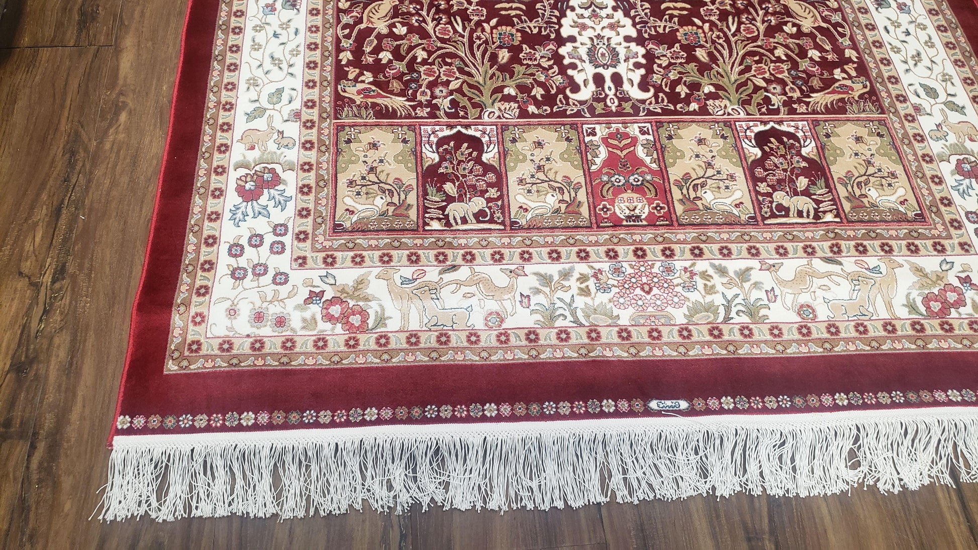 Silk Carpet 4x6 Dark Red & Cream, Tree of Life Rug, Animal Motifs, Birds Deer Rabbits, All Bamboo Silk, 4 x 6 Silk Area Rug - Nuvé