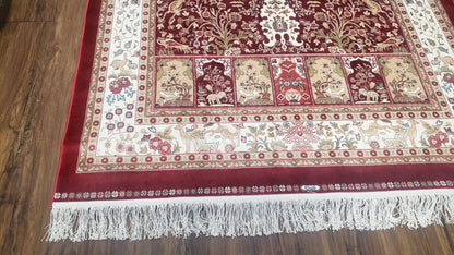 Silk Carpet 4x6 Dark Red & Cream, Tree of Life Rug, Animal Motifs, Birds Deer Rabbits, All Bamboo Silk, 4 x 6 Silk Area Rug - Nuvé