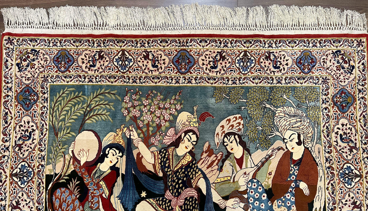 Persian Pictorial Rug 5 x 4 ft, Persian Isfahan Rug, Kork Wool on Silk Foundation, Signature from Master Weaver, Drums and Musical Instruments, Birds, Detailed - Nuvé