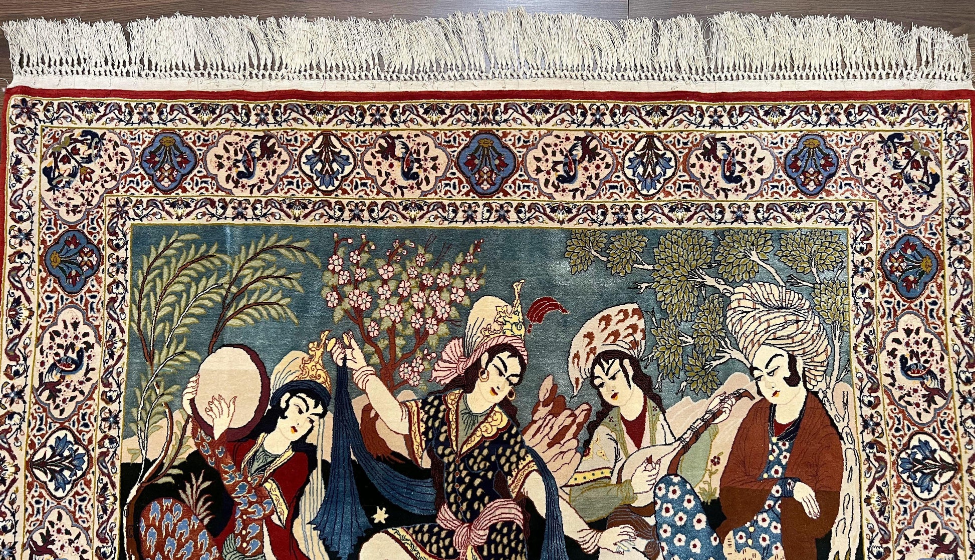 Persian Pictorial Rug 5 x 4 ft, Persian Isfahan Rug, Kork Wool on Silk Foundation, Signature from Master Weaver, Drums and Musical Instruments, Birds, Detailed - Nuvé