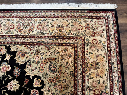 Sino Persian Rug 9x12, Black and Beige, Floral Medallion, Wool & Silk, Handmade - Nuvé