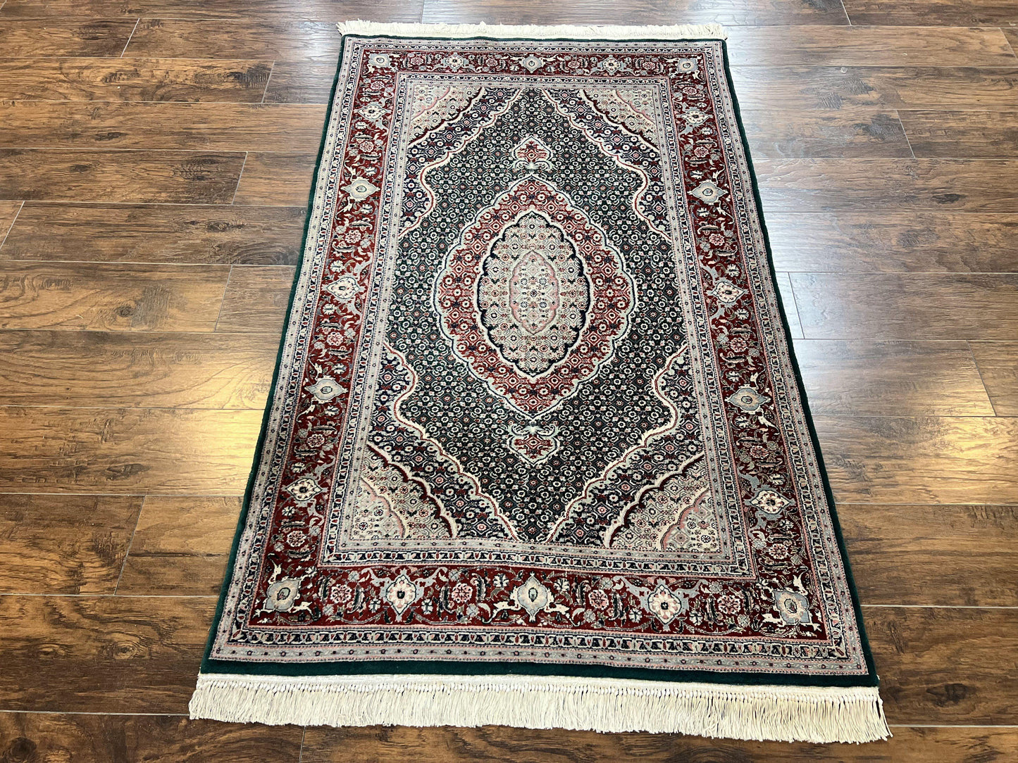 Sino Persian Rug 4x6, Wool with Silk Highlights, Fine Hand Knotted Carpet, Green & Maroon Red, Herati Medallion, Vintage Rug - Nuvé