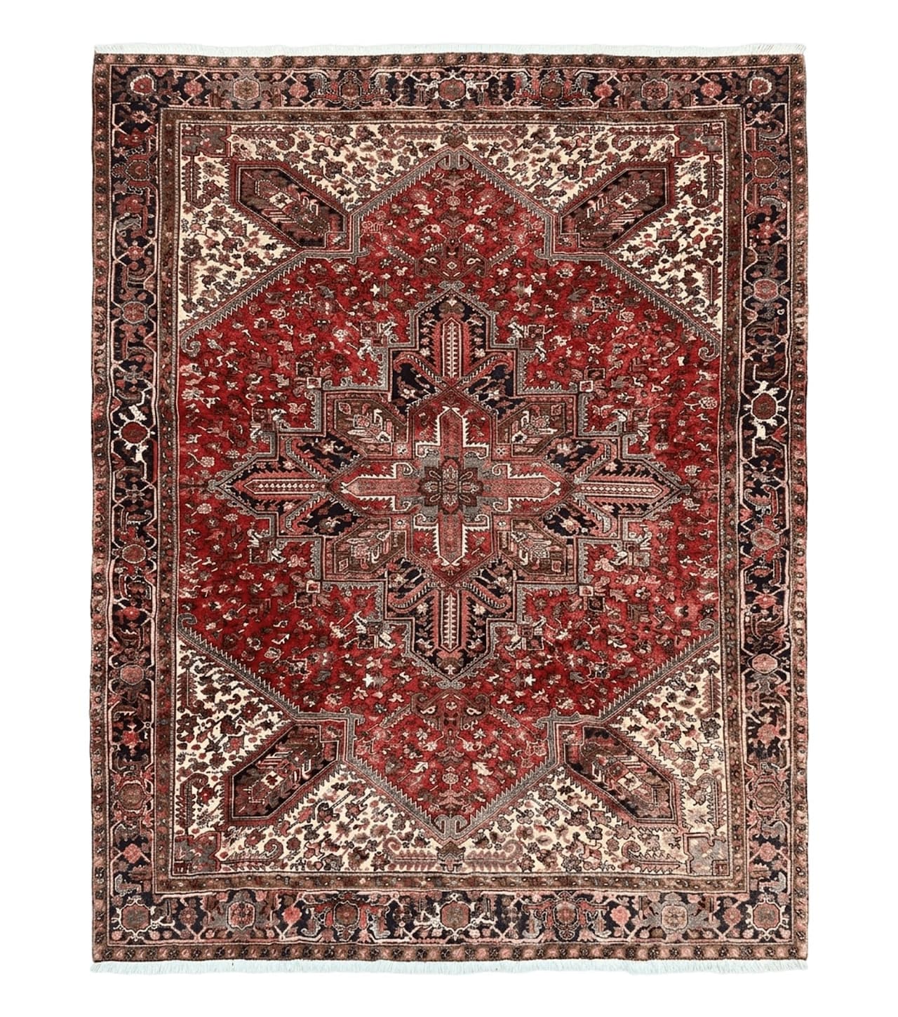Large Persian Heriz Rug 10x13, Wool Hand Knotted Antique Carpet, Red and Ivory, Geometric Tribal Room Sized Rug, Decorative Oriental Rug