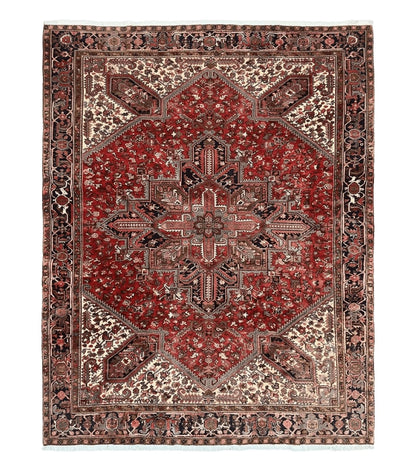 Large Persian Heriz Rug 10x13, Wool Hand Knotted Antique Carpet, Red and Ivory, Geometric Tribal Room Sized Rug, Decorative Oriental Rug
