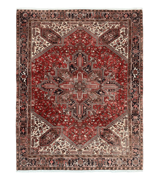 Large Persian Heriz Rug 10x13, Wool Hand Knotted Antique Carpet, Red and Ivory, Geometric Tribal Room Sized Rug, Decorative Oriental Rug