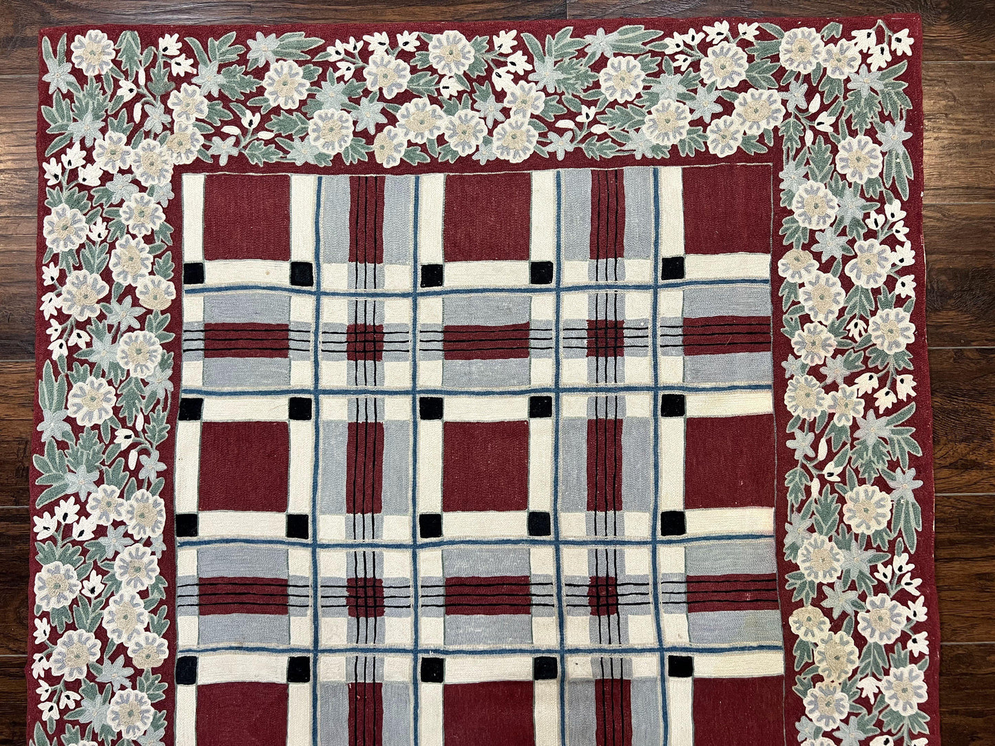 Indian Hand Stitched Rug 4x6, Vintage Carpet, Checkerboard Floral Pattern, Maroon Ivory, Flatweave, Wool - Nuvé