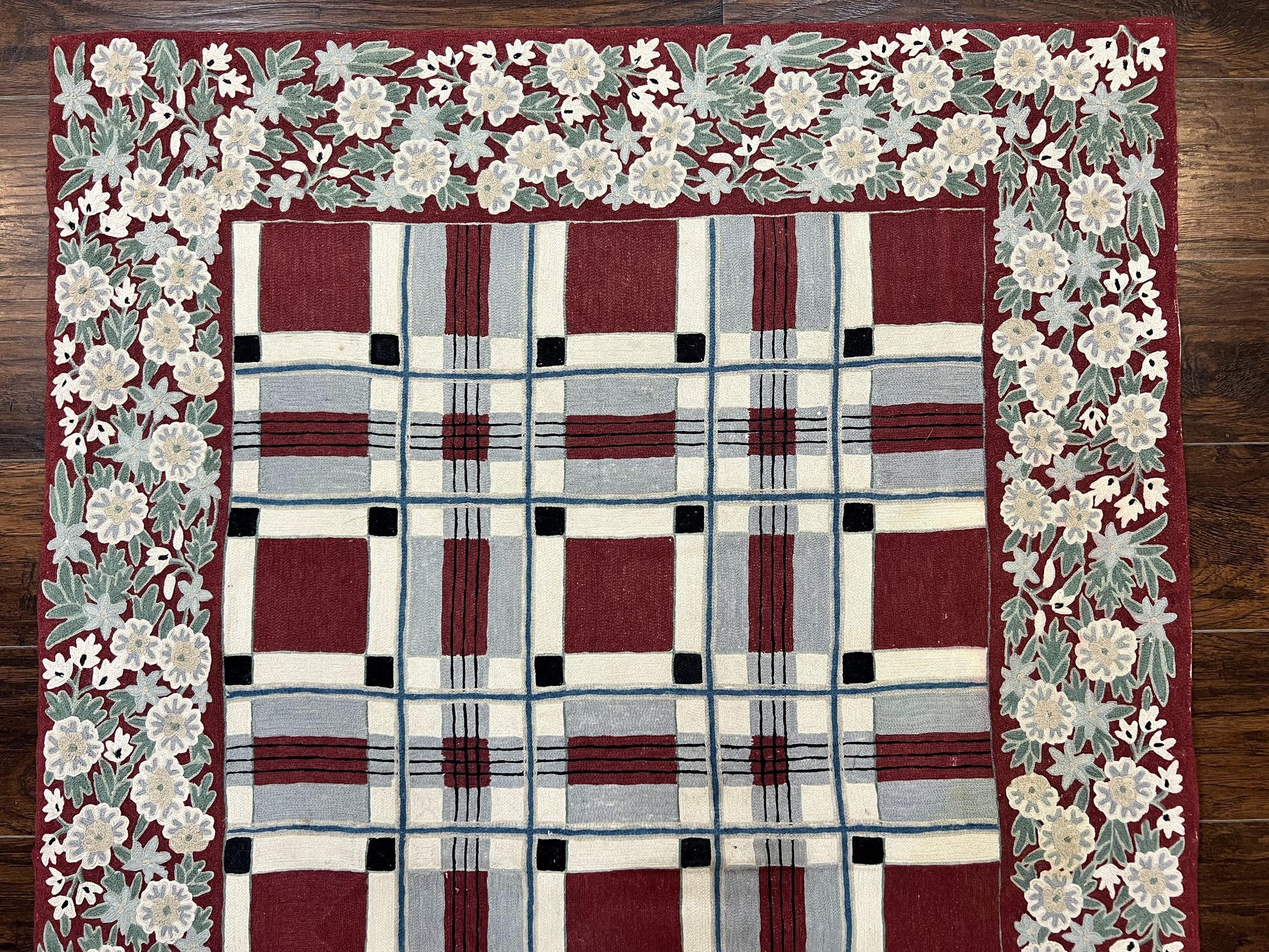 Indian Hand Stitched Rug 4x6, Vintage Carpet, Checkerboard Floral Pattern, Maroon Ivory, Flatweave, Wool - Nuvé
