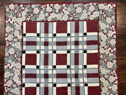 Indian Hand Stitched Rug 4x6, Vintage Carpet, Checkerboard Floral Pattern, Maroon Ivory, Flatweave, Wool - Nuvé