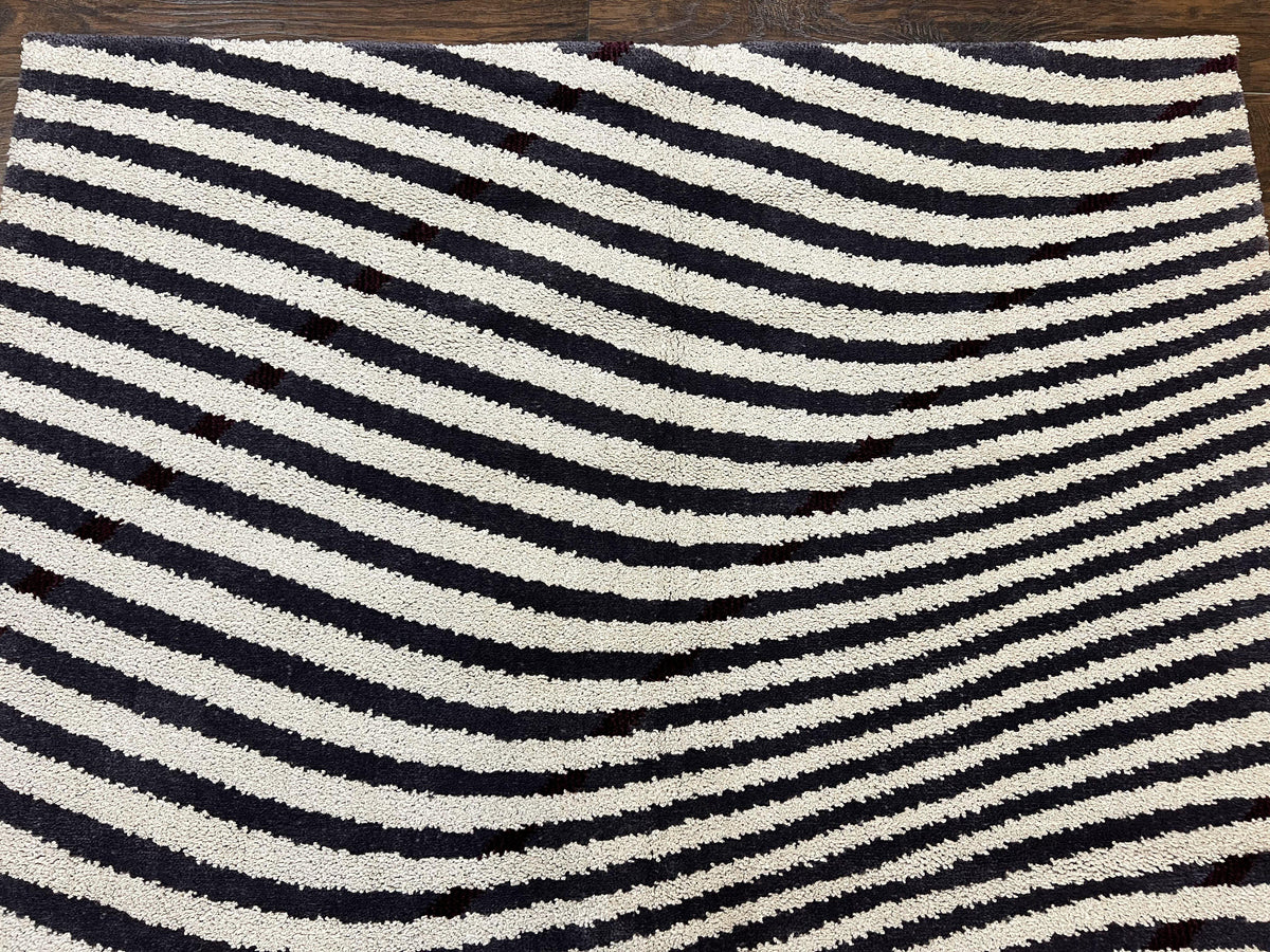 Vintage Zebra Stripes Shag Rug 5.7 x 7.4, Black and White, Retro, Wool