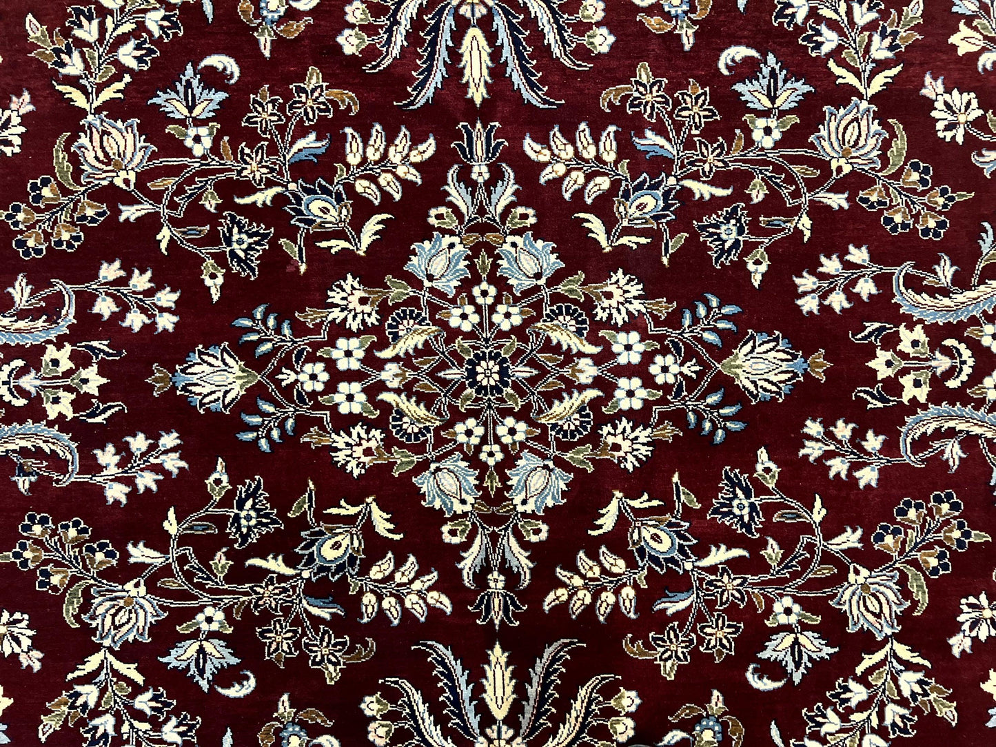 Indo Persian Sarouk Rug 9x12, Floral Allover, Dark Red & Navy Blue, Handmade Vintage Wool Carpet - Nuvé