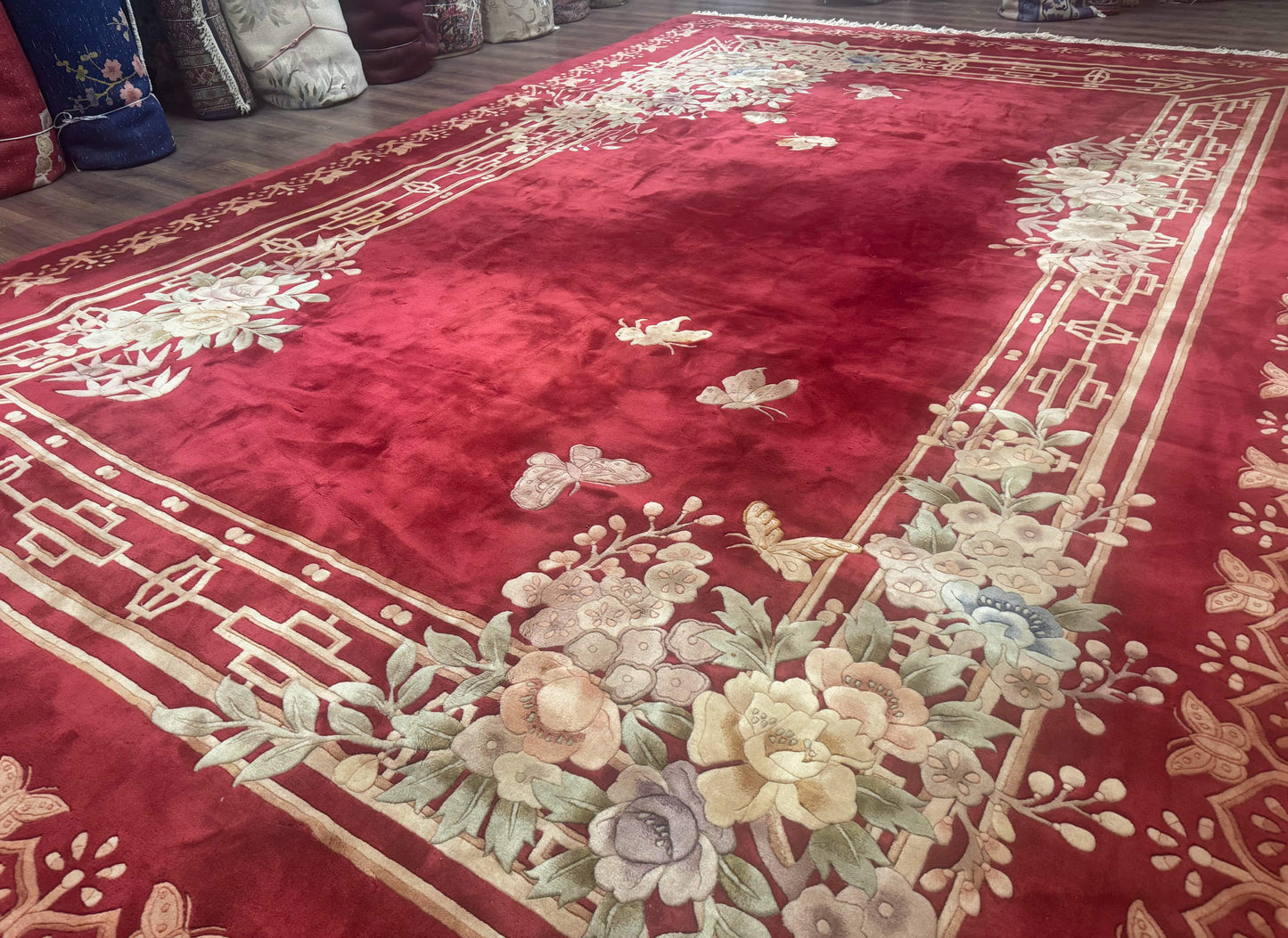 Palace Size Chinese Wool Rug 12x18, Red Art Deco Chinese Carving Carpet, Butterflies Flowers - Nuvé