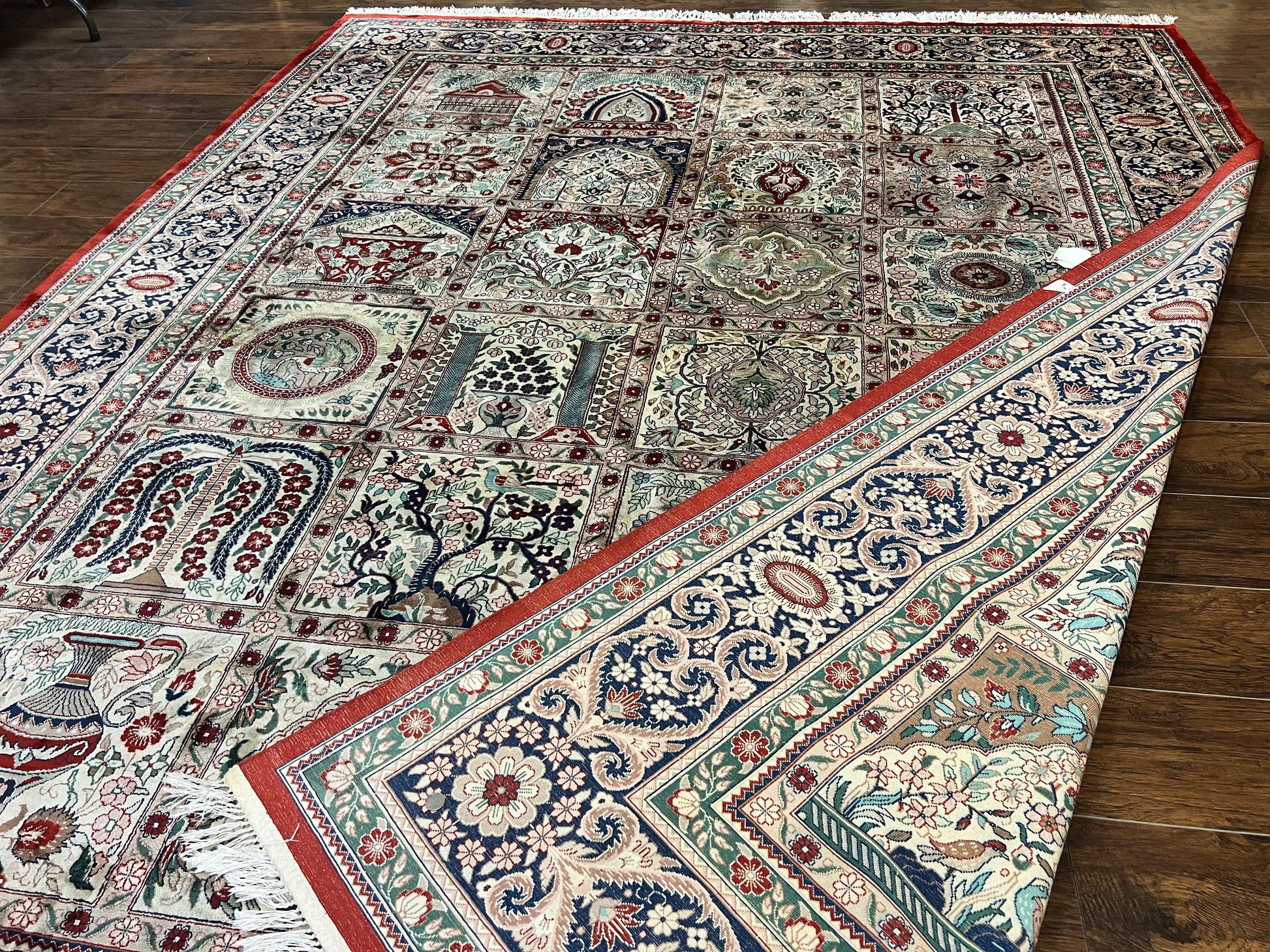 Silk Sino Persian Rug 9x12, Panel Design, Garden of Eden Pattern, Fine 200 KPSI, Hand Knotted Room Sized Silk Carpet, Vintage - Nuvé