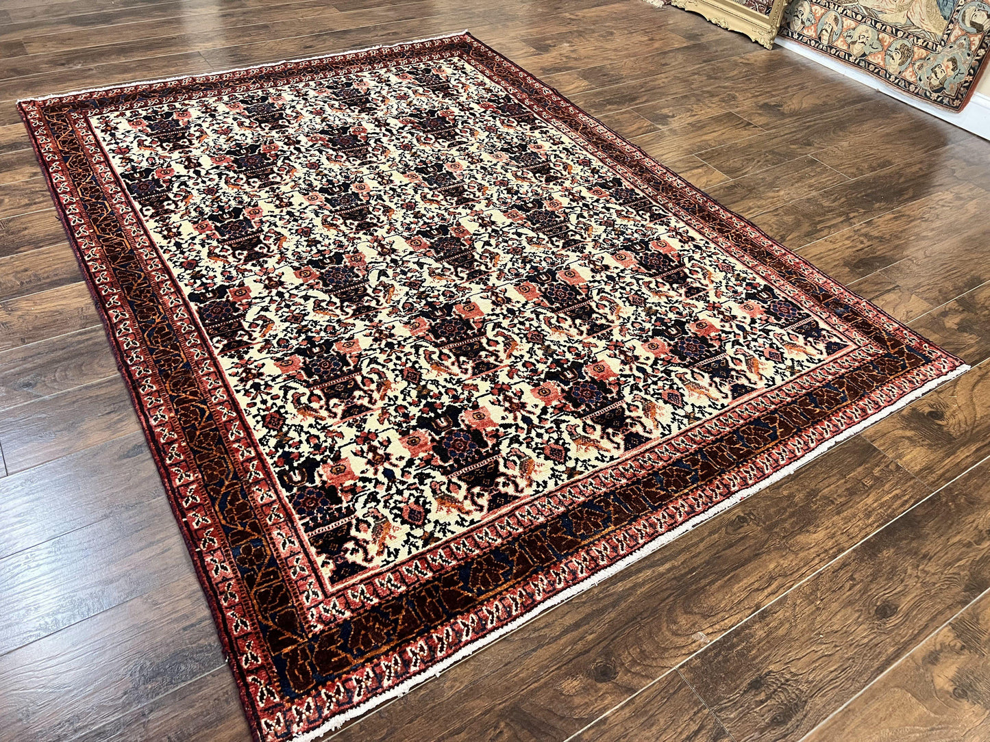 Persian Afshar Rug 6x8, Wool Hand Knotted Semi Antique Vintage Carpet, Floral Allover, Repeated Birds Flowers Vases Motifs - Nuvé