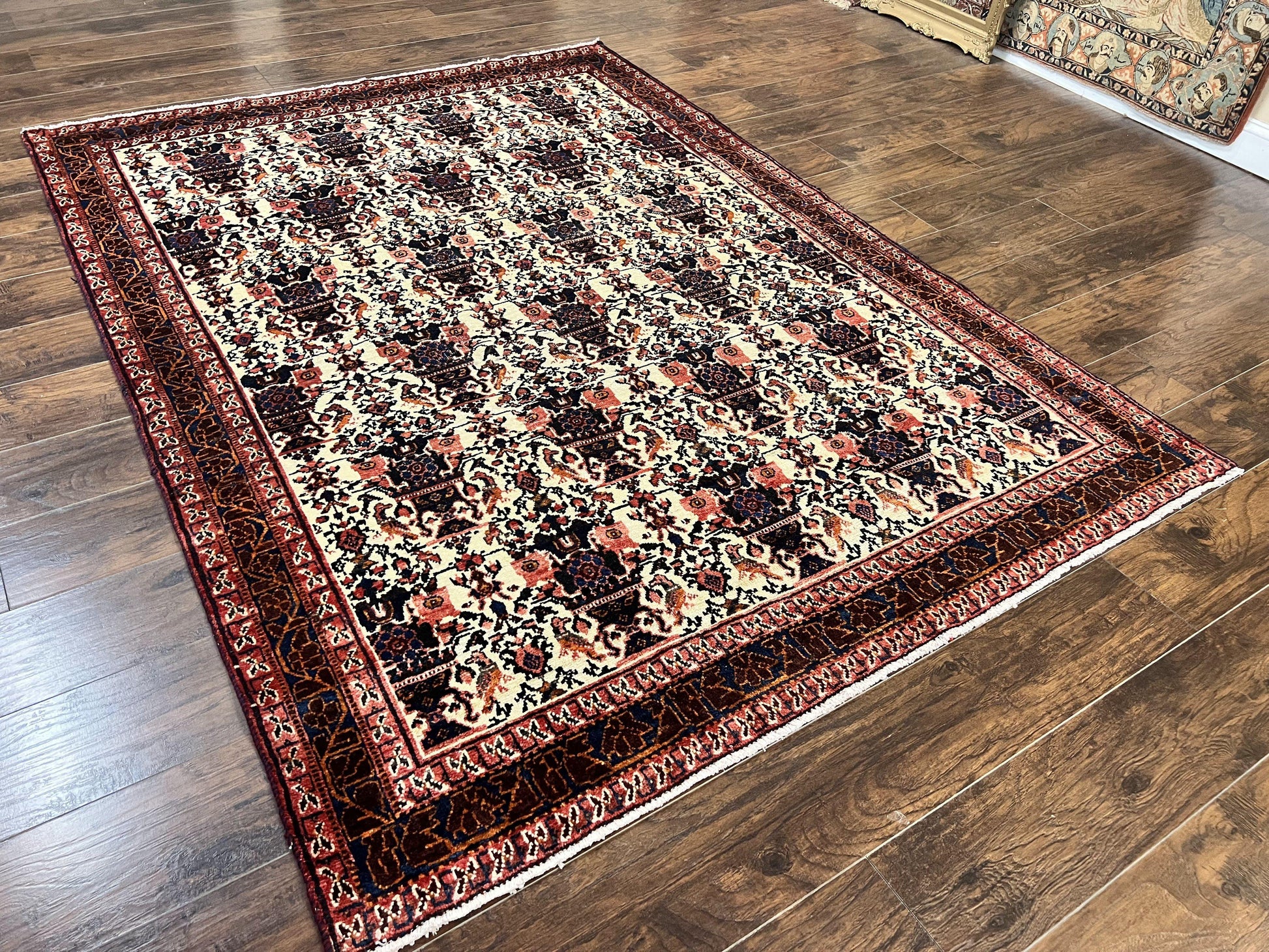 Persian Afshar Rug 6x8, Wool Hand Knotted Semi Antique Vintage Carpet, Floral Allover, Repeated Birds Flowers Vases Motifs - Nuvé