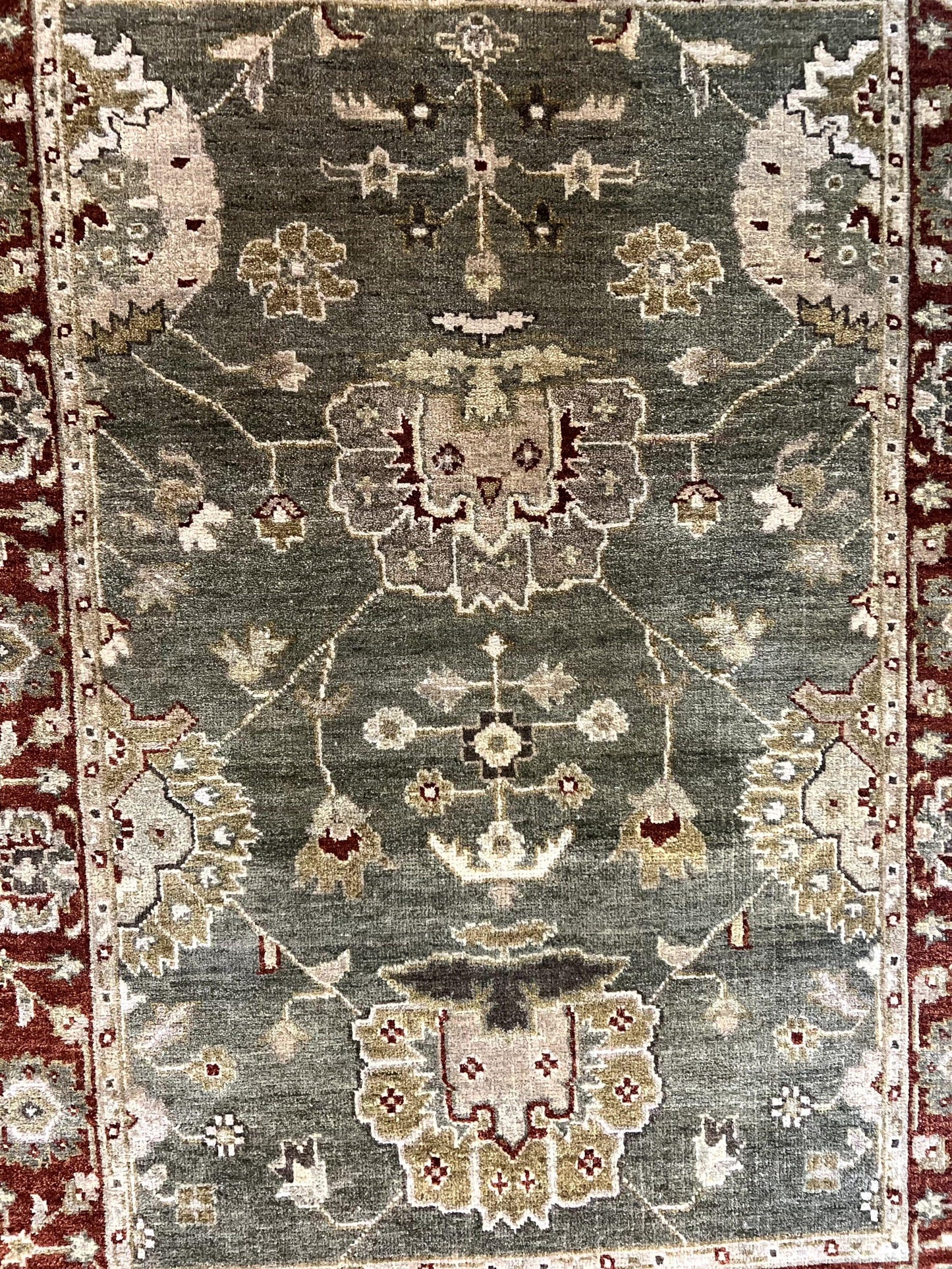 Indo Oushak Rug 4x6, Green and Maroon, Vintage Wool Floral Rug, Indian Agra Rug - Nuvé