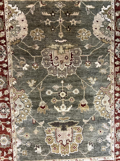 Indo Oushak Rug 4x6, Green and Maroon, Vintage Wool Floral Rug, Indian Agra Rug - Nuvé